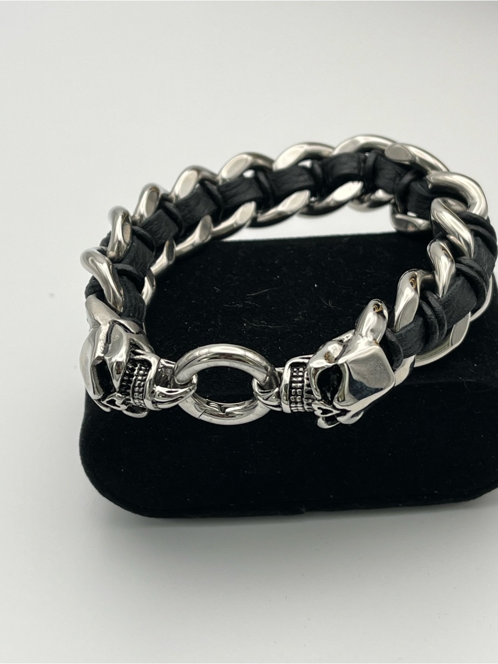 8” Black Leather & Stainless Steel Bracelet with Skull Accents